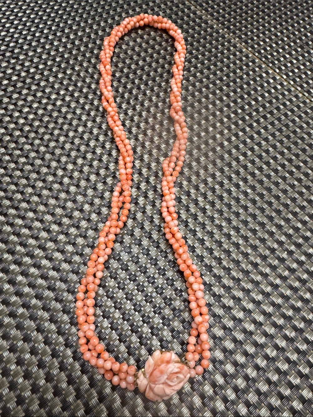 ANTIQUE CHINESE 3 TWISTED STRAND ANGEL SKIN CORAL NECKLACE w/ ROSE PENDANT 30"